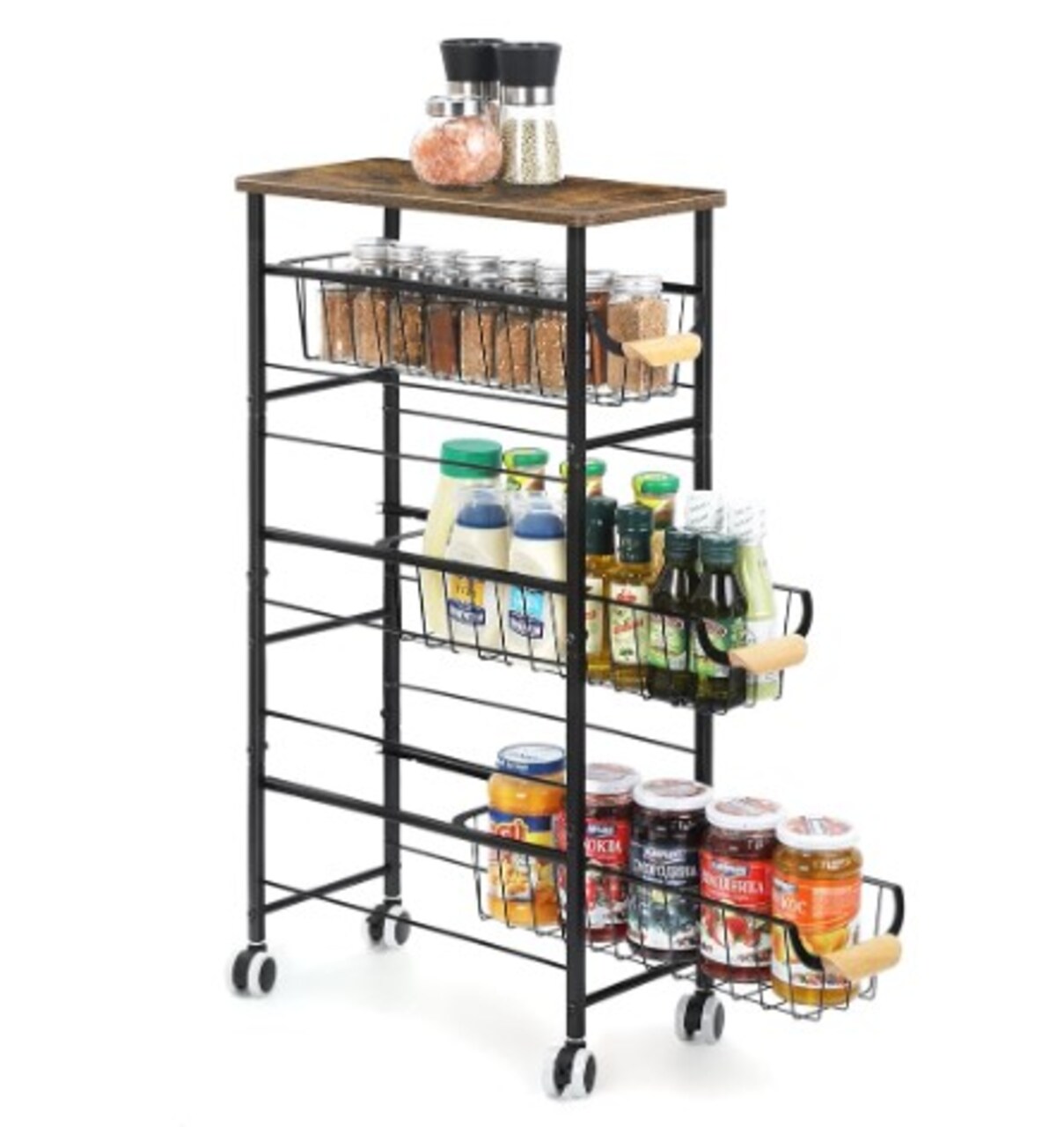 4 Tier Kitchen Rolling Utility Cart Narrow Storage Shelf with Wooden Tabletop, Wooden Handle, and Wheels for Bathroom Laundry Kitchen Narrow Spaces.